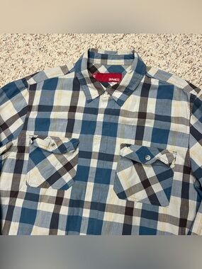 Gramicci Size Medium Plaid Button Up Shirt Pockets Blue White Brown Outdoor